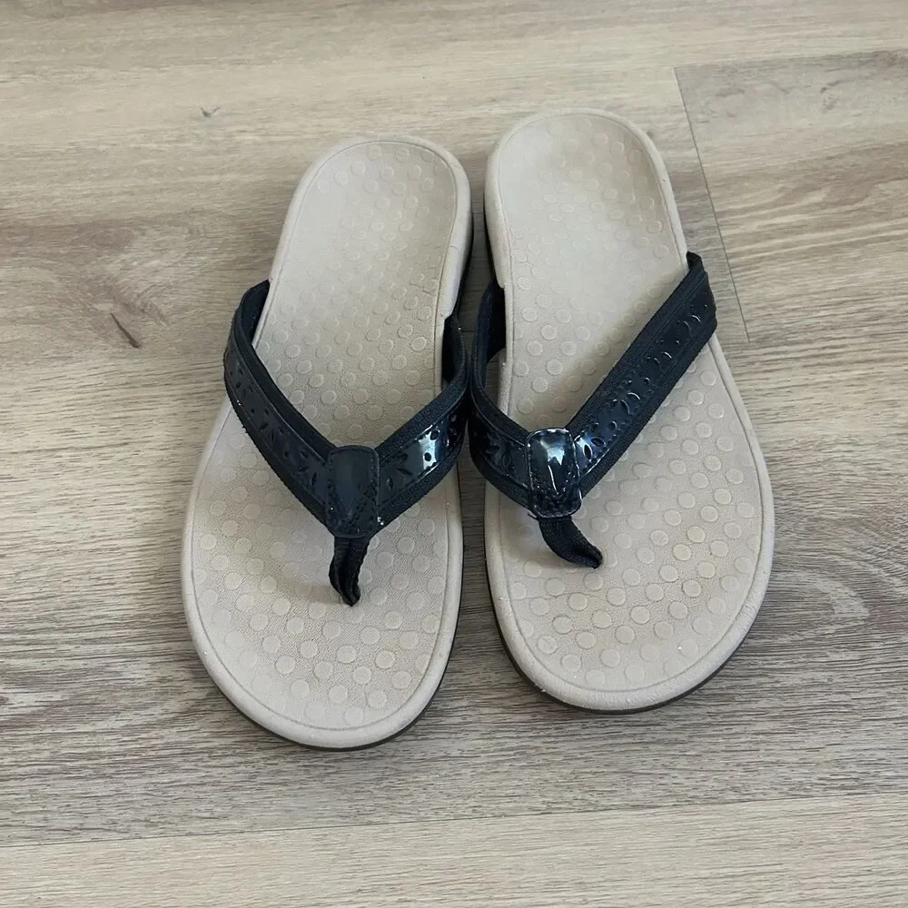 Vionic Women’s Tide Casandra Black Size 8 Leather Nylon Sandals Flip Flops Thong